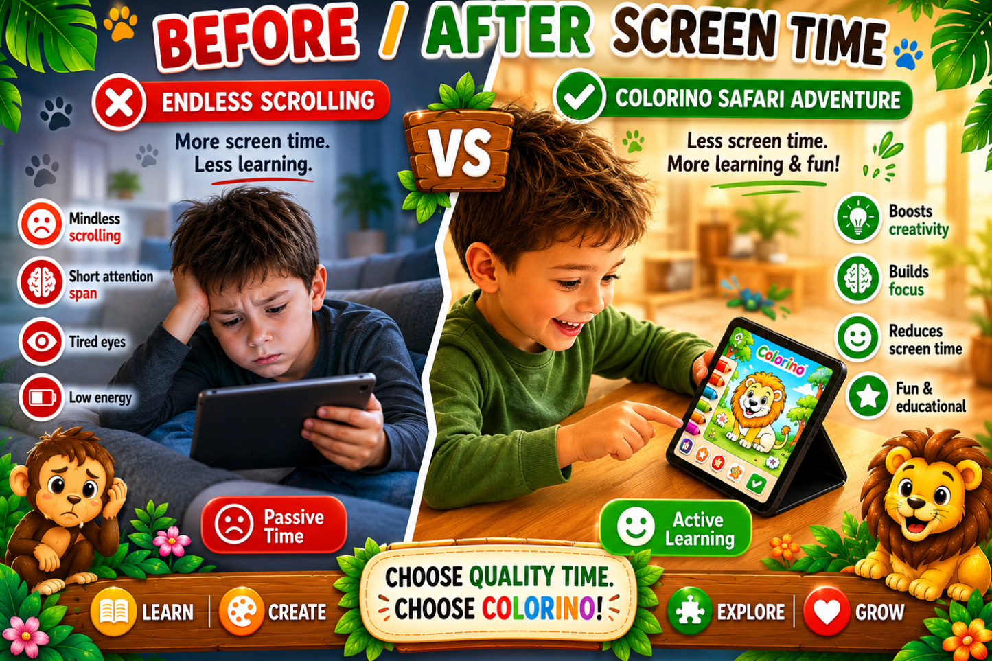 Replace meaningless screen time with fun safari adventures that spark Creativity & Focus - Colorino