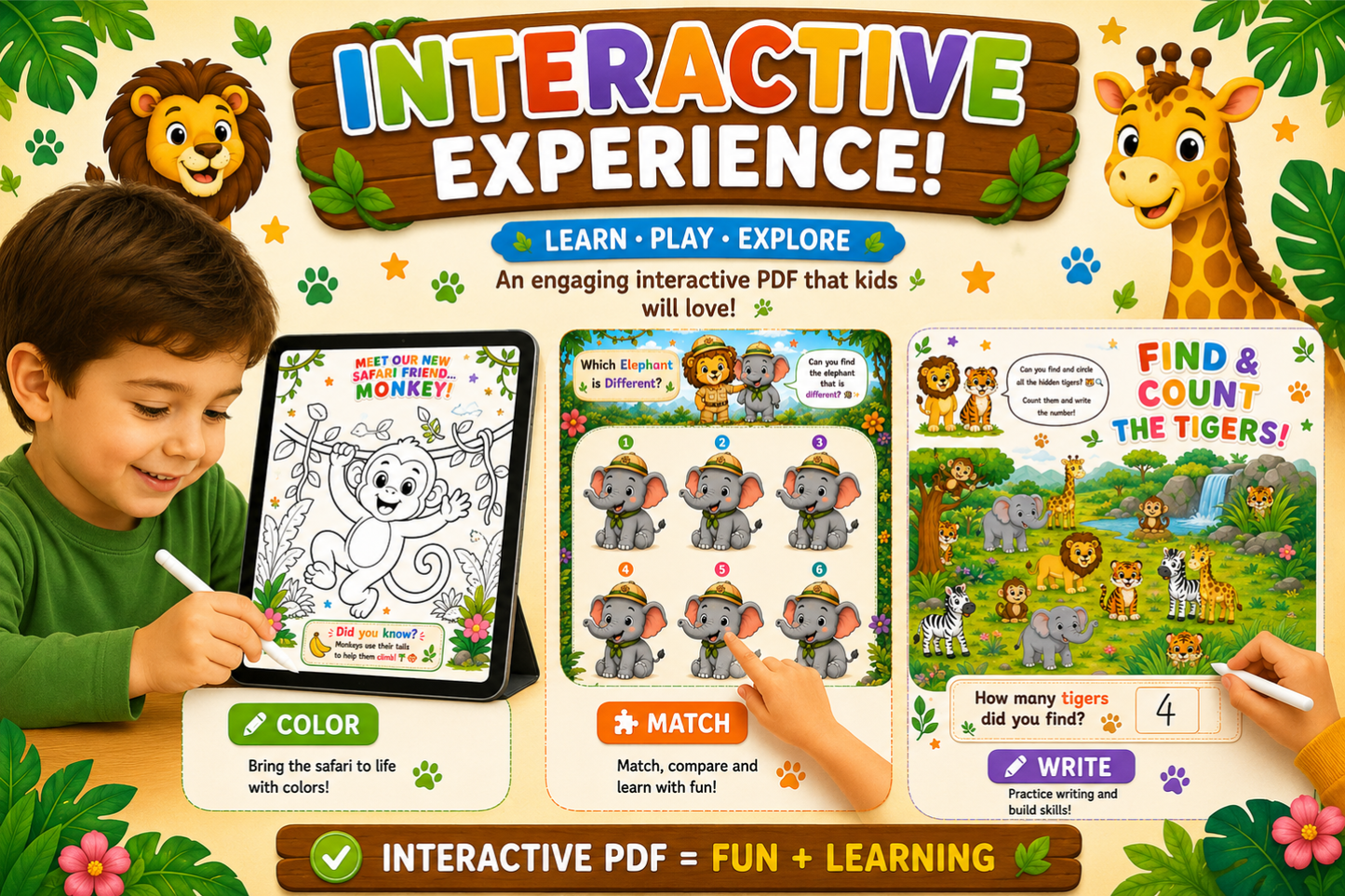 Replace meaningless screen time with fun safari adventures that spark Creativity & Focus - Colorino